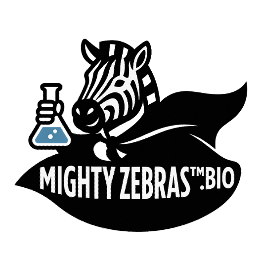 Zebra with cape holding a beaker. Beneath are the words "MightyZebras™.Bio"